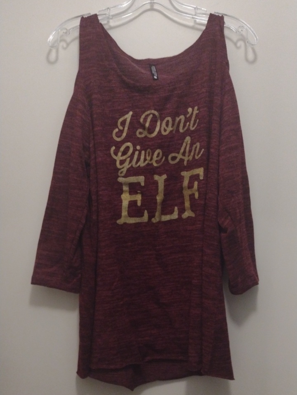 Yandy Maroon Long-Sleeve Cold Shoulder Top with Gold Text (J690)